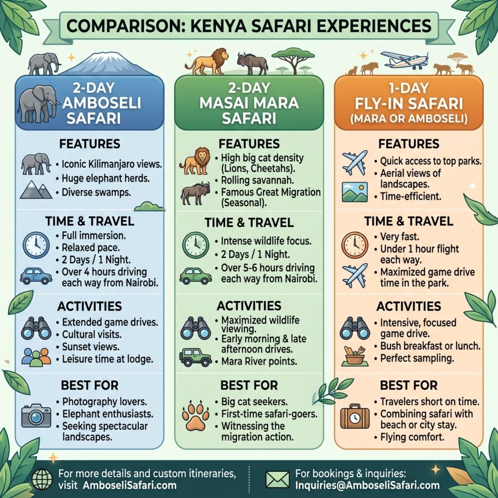 Comparison infographic of Amboseli 2-day, Masai Mara 2-day, and 1-day fly-in Kenya safari itineraries and key features.