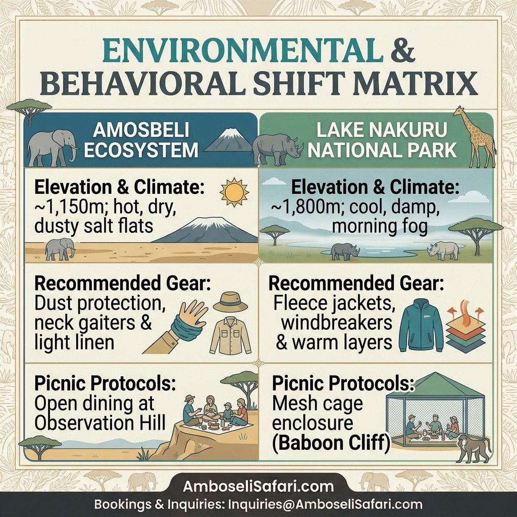 Infographic comparing elevation, climate, recommended gear, and picnic rules between Amboseli Ecosystem and Lake Nakuru National Park.