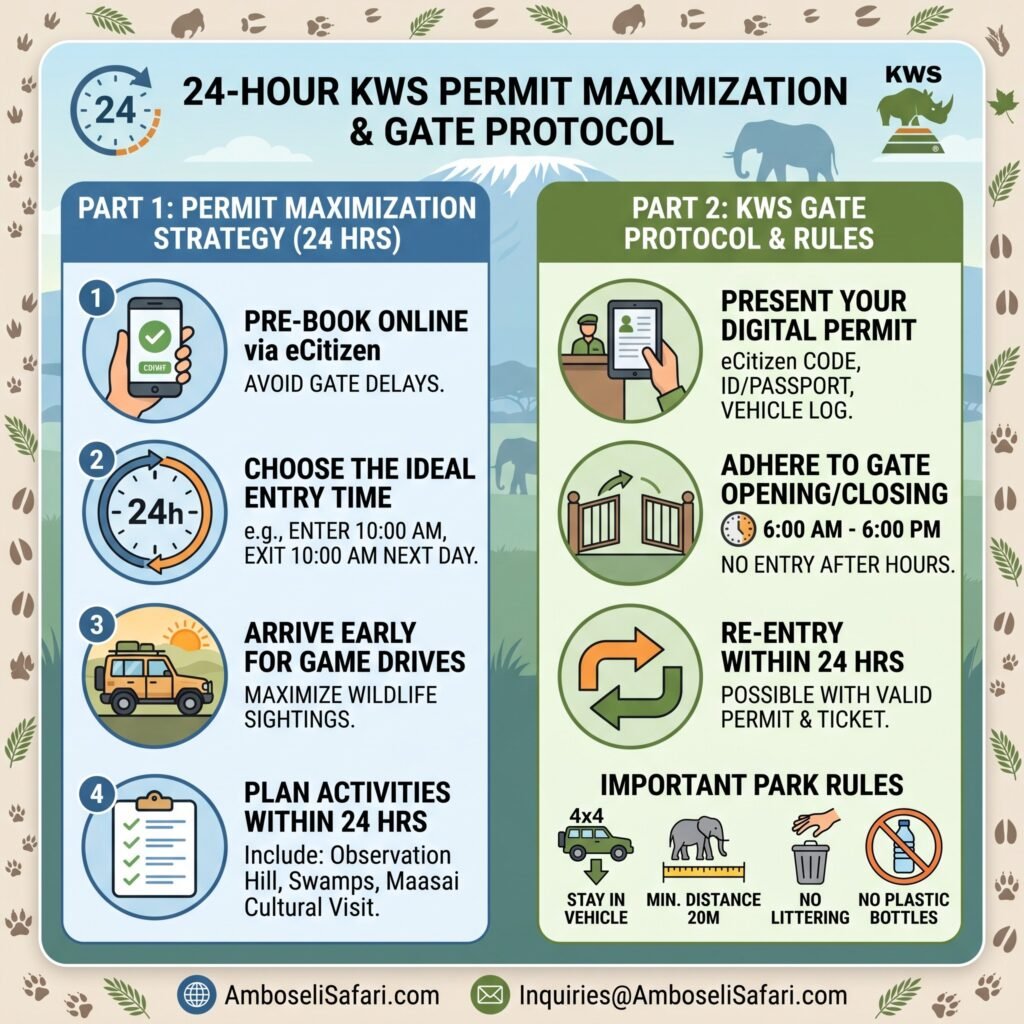 Infographic guiding users on 24-hour KWS permits, gate protocols, and park rules for Amboseli National Park.