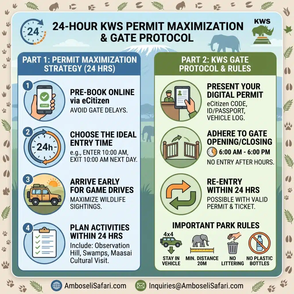 Infographic guiding users on 24-hour KWS permits, gate protocols, and park rules for Amboseli National Park.