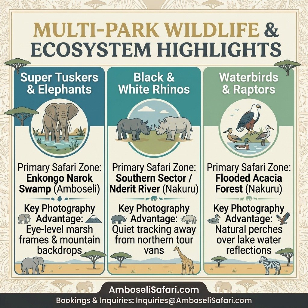 Infographic comparing wildlife highlights, primary zones, and photography advantages for elephants, rhinos, and waterbirds in Amboseli and Nakuru.