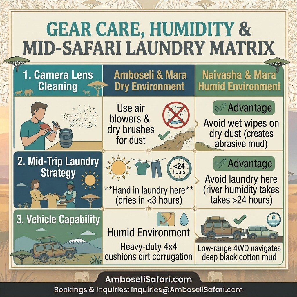 Infographic matrix covering camera lens care, laundry drying times, and vehicle capabilities for multi-county Kenya safaris.