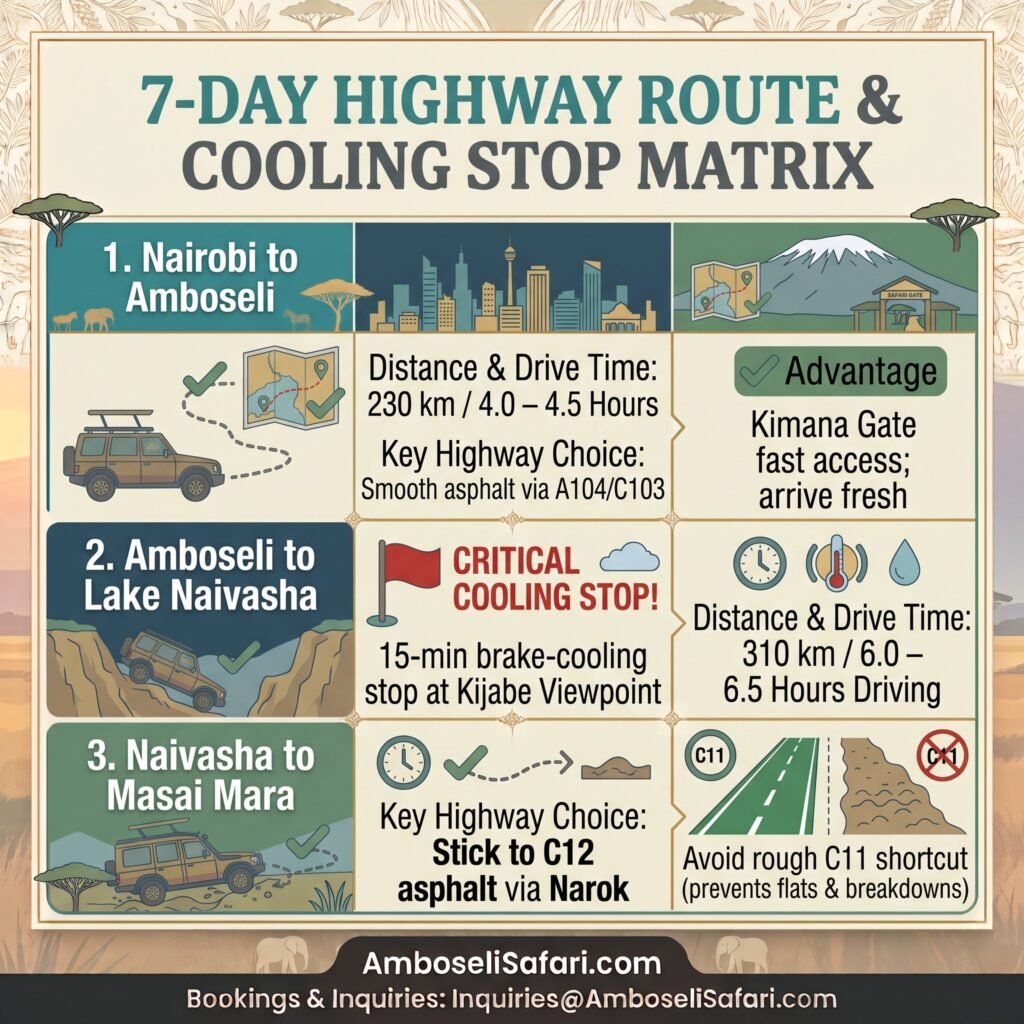 Infographic matrix mapping specific transit legs, drive times, highway choices, and critical cooling stops for a 7-day Kenya safari loop.