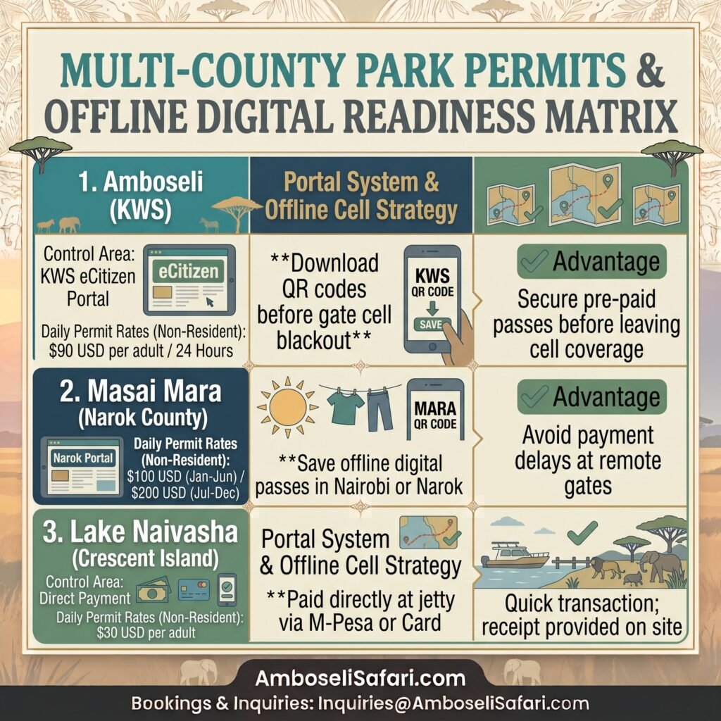 Infographic matrix showing park permit rates and offline digital pass strategies for Amboseli, Masai Mara, and Lake Naivasha.