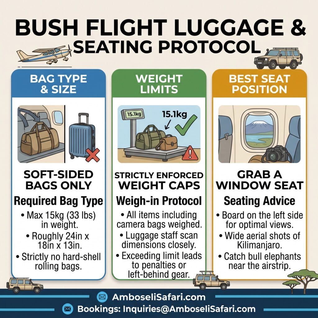 Square infographic displaying soft-sided duffel bag rules, 15kg luggage weight caps, and left-side seating for flight views.