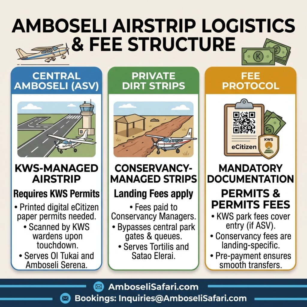 Square infographic comparing central Amboseli airstrip permits with private conservancy landing fees and required paper receipts.