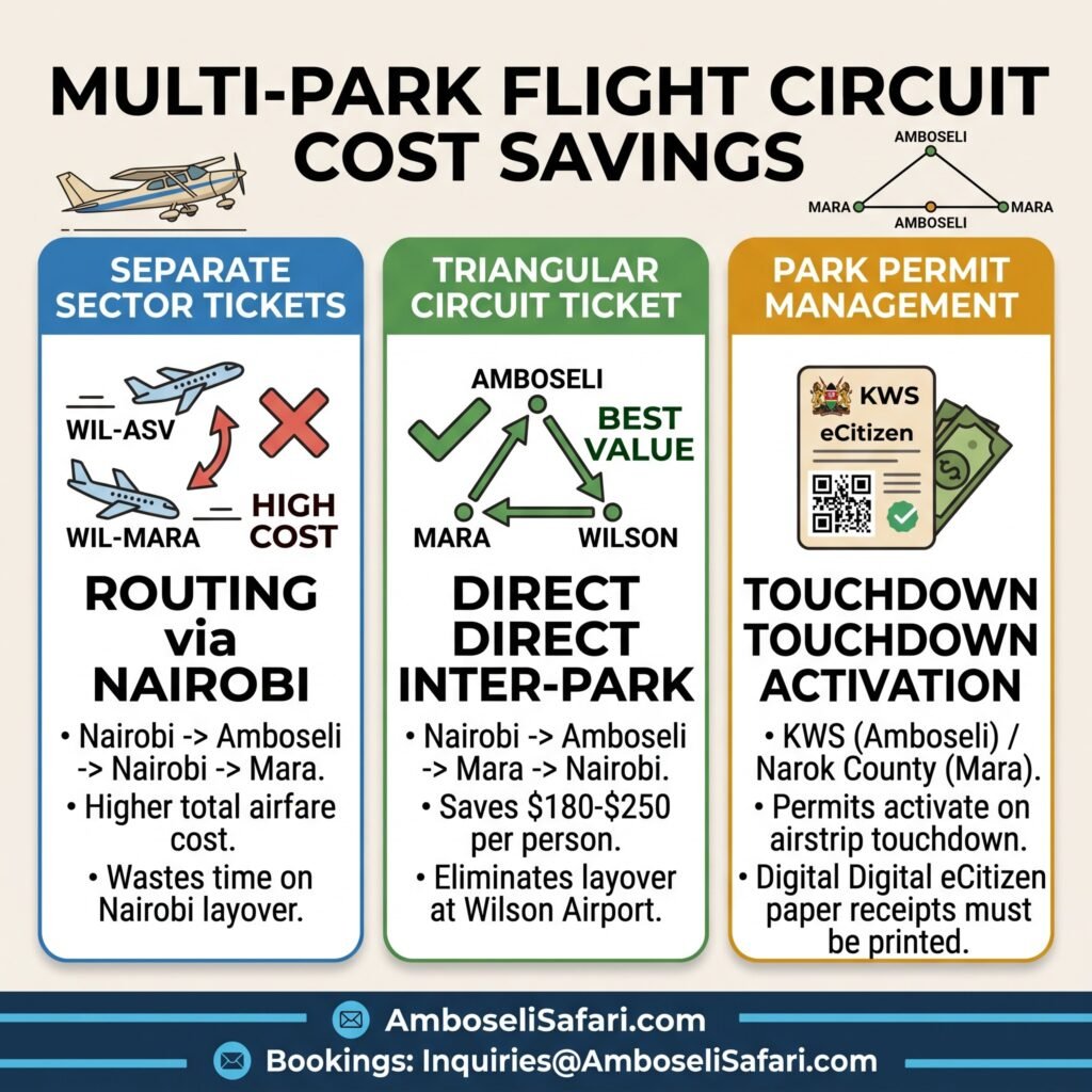 Square infographic showing cost savings of booking a triangular flight circuit between Nairobi, Amboseli, and Masai Mara.
