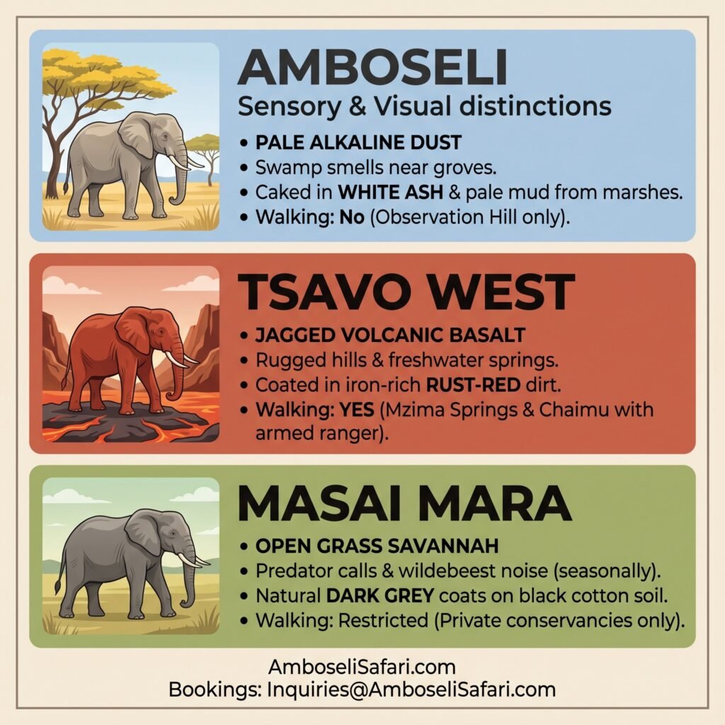 Square infographic comparing elephant appearance, sensory landscape, and walking safari rules across Amboseli, Tsavo, and Mara.