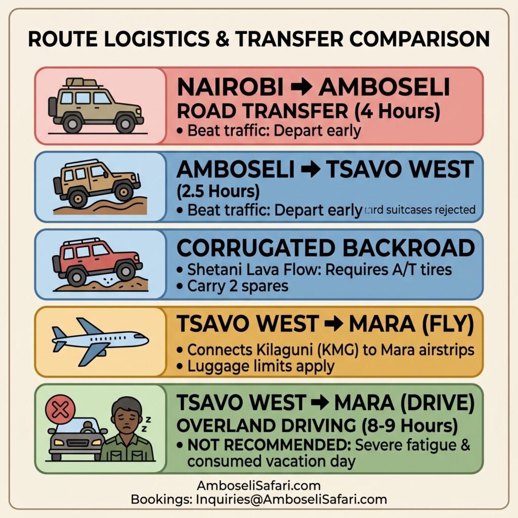 Square infographic comparing drive times, flight links, and road conditions between Nairobi, Amboseli, Tsavo West, and Masai Mara.