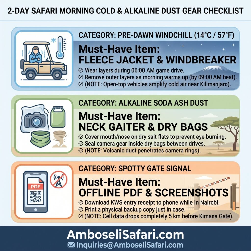 Square infographic displaying cold morning weather gear, dust protection items, and offline KWS permits for 2-day Amboseli safaris.