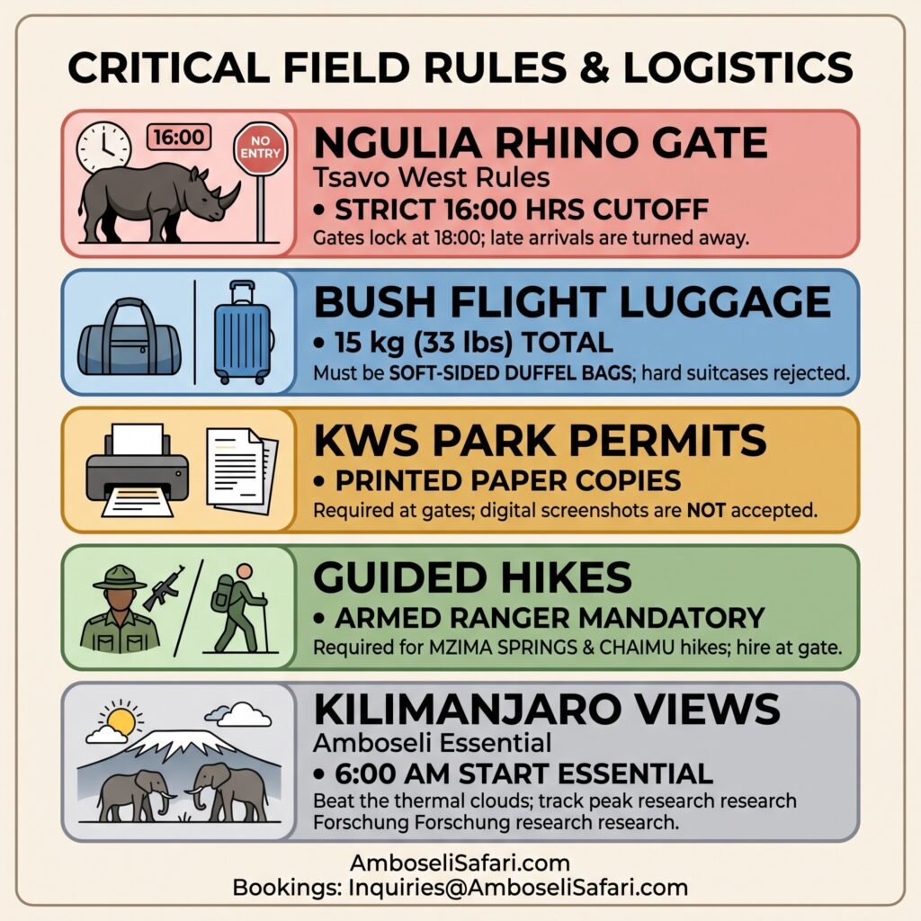 Square infographic summarizing Ngulia Rhino Gate cutoffs, bush flight baggage, printed KWS permits, and guided hikes.