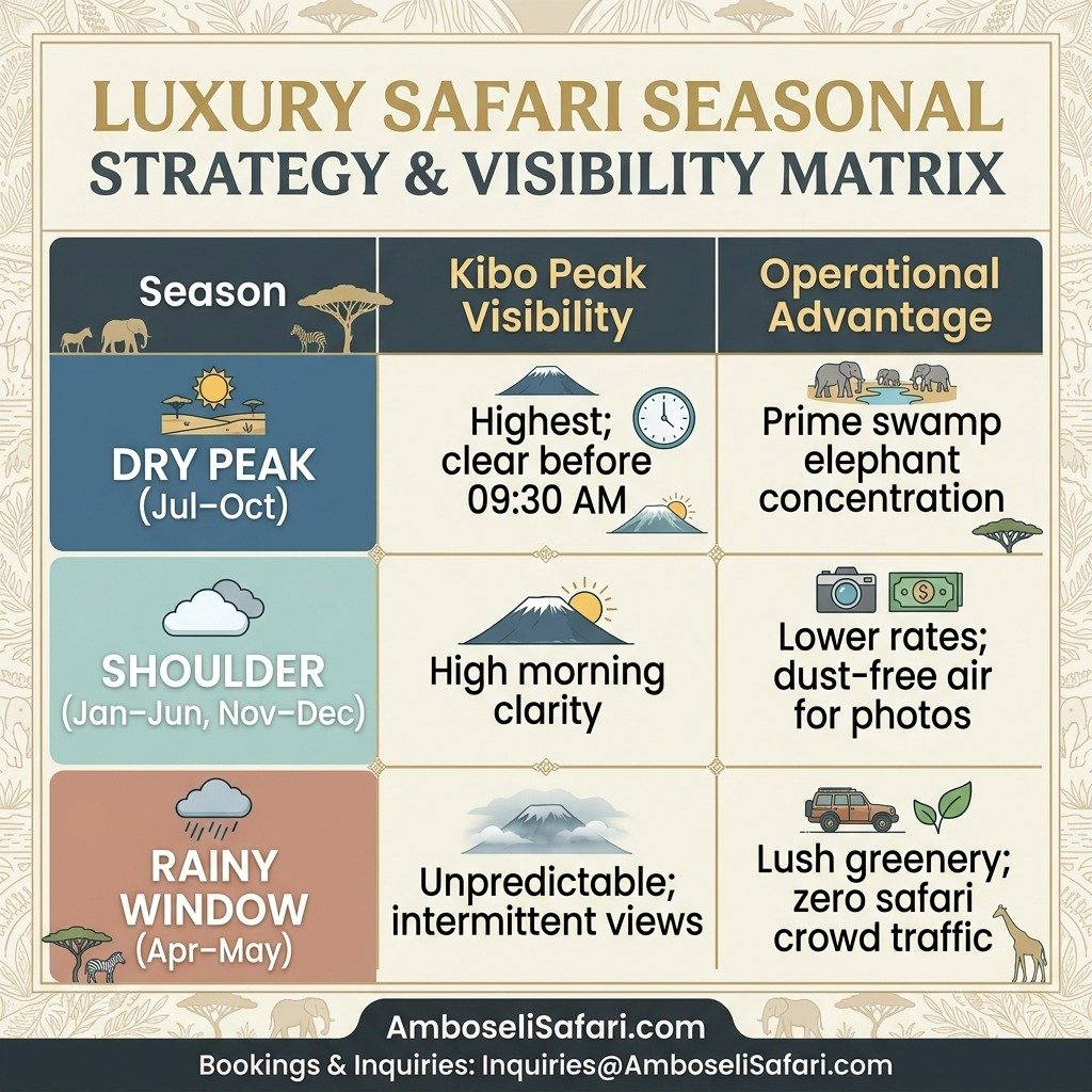 Seasonal comparison chart detailing Mount Kilimanjaro visibility, operational advantages, and weather patterns in Amboseli.