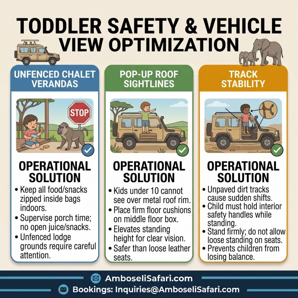 Square infographic showing baboon safety on verandas, booster cushions for pop-up roofs, and vehicle track stability tips for kids.