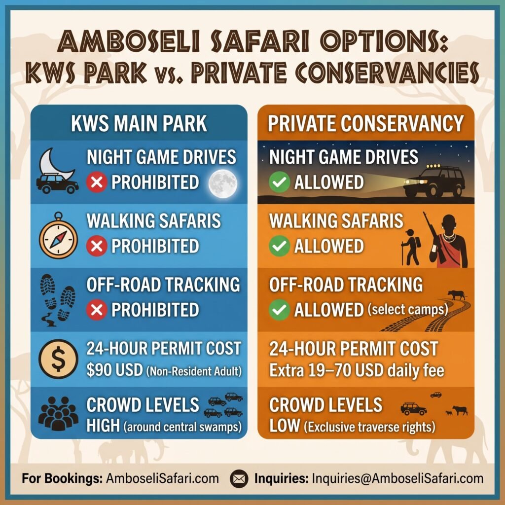  Infographic matching specific Amboseli lodges to different traveler types based on unique advantages like hides, views, and family needs.
