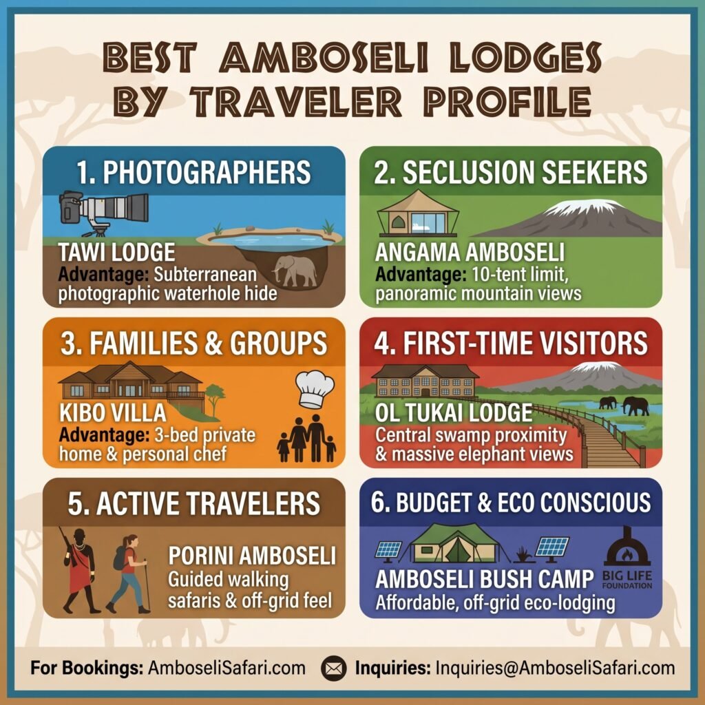 Infographic matching specific Amboseli lodges to different traveler types based on unique advantages like hides, views, and family needs.