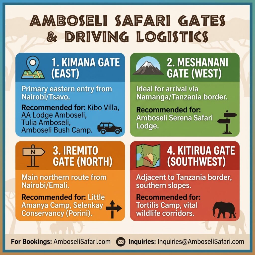 Infographic mapping Amboseli’s four main safari gates, with arrival routes and recommended nearby lodges for easy logistics.