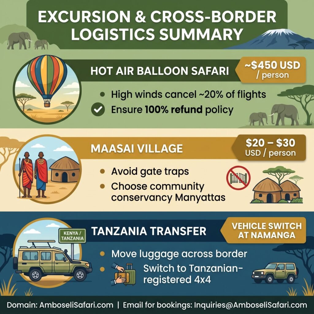 Infographic detailing Amboseli balloon safari rules, Maasai village entry options, and Namanga border transfer procedures to Tanzania.
