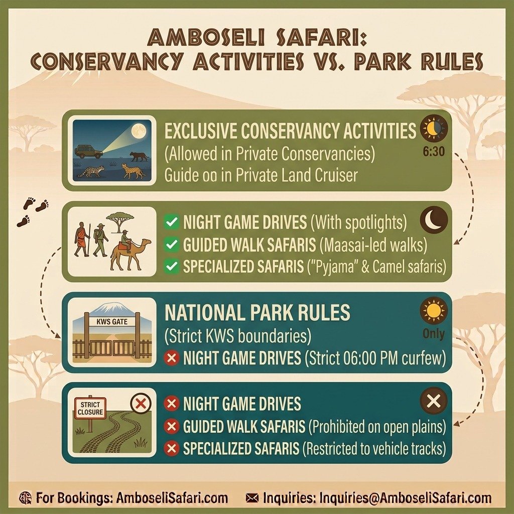 Infographic comparing exclusive activities in Amboseli conservancies against strict rules inside the National Park.