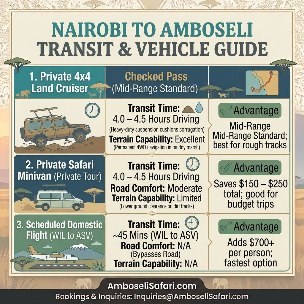 Infographic matrix comparing private 4x4 Land Cruisers, safari minivans, and scheduled flights from Nairobi to Amboseli based on time and comfort.