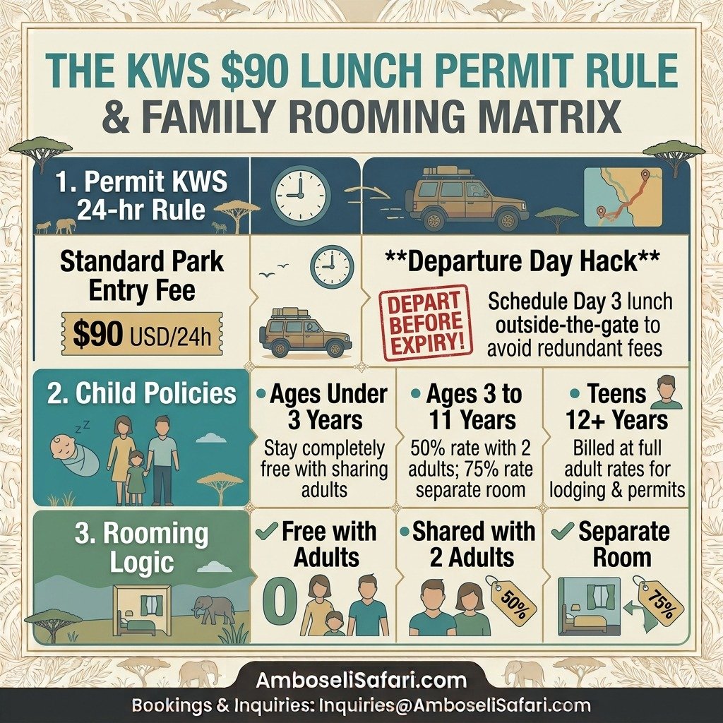 Infographic matrix illustrating the KWS 24-hour park permit rule, lunch fee hacks, and family child rooming discount tiers.