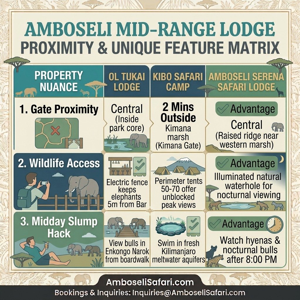Infographic matrix comparing gate proximity, wildlife access, and midday viewing hacks for Ol Tukai, Kibo, and Serena lodges.