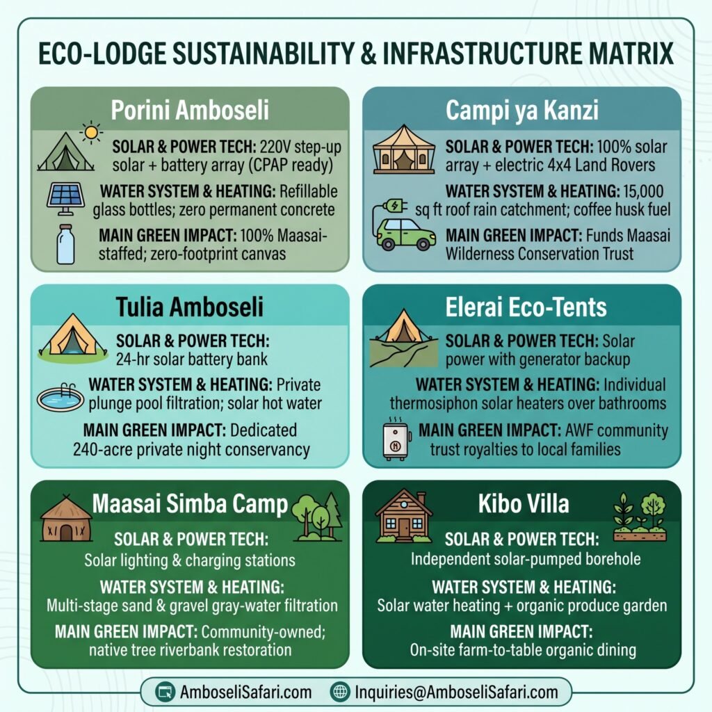 Infographic matrix comparing solar power systems, water tech, and environmental impact across top Amboseli eco lodges.