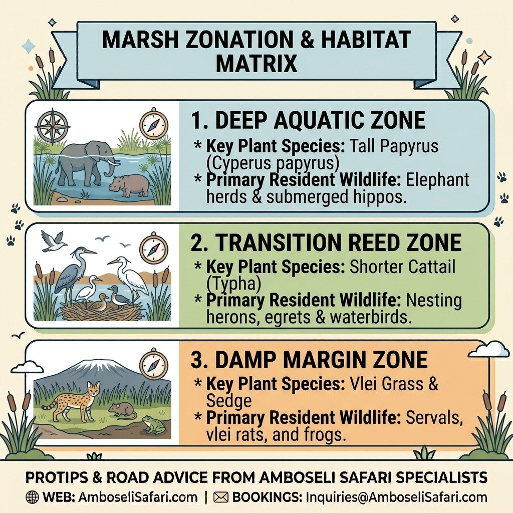 Infographic detailing Amboseli marsh vegetation zones, key plant species, and primary resident wildlife species.