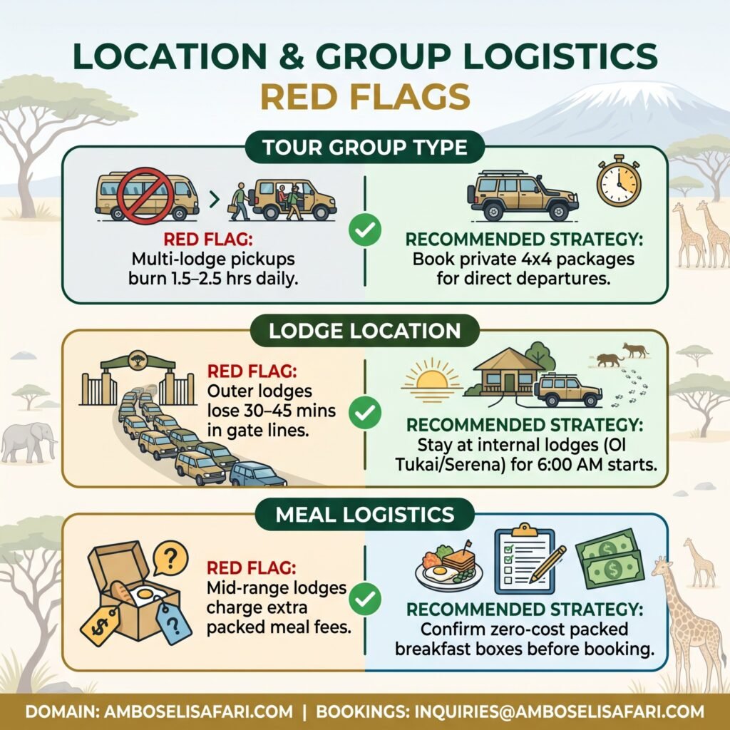 Infographic detailing Amboseli safari package traps like multi-lodge pickups, gate queues, and hidden breakfast box fees.