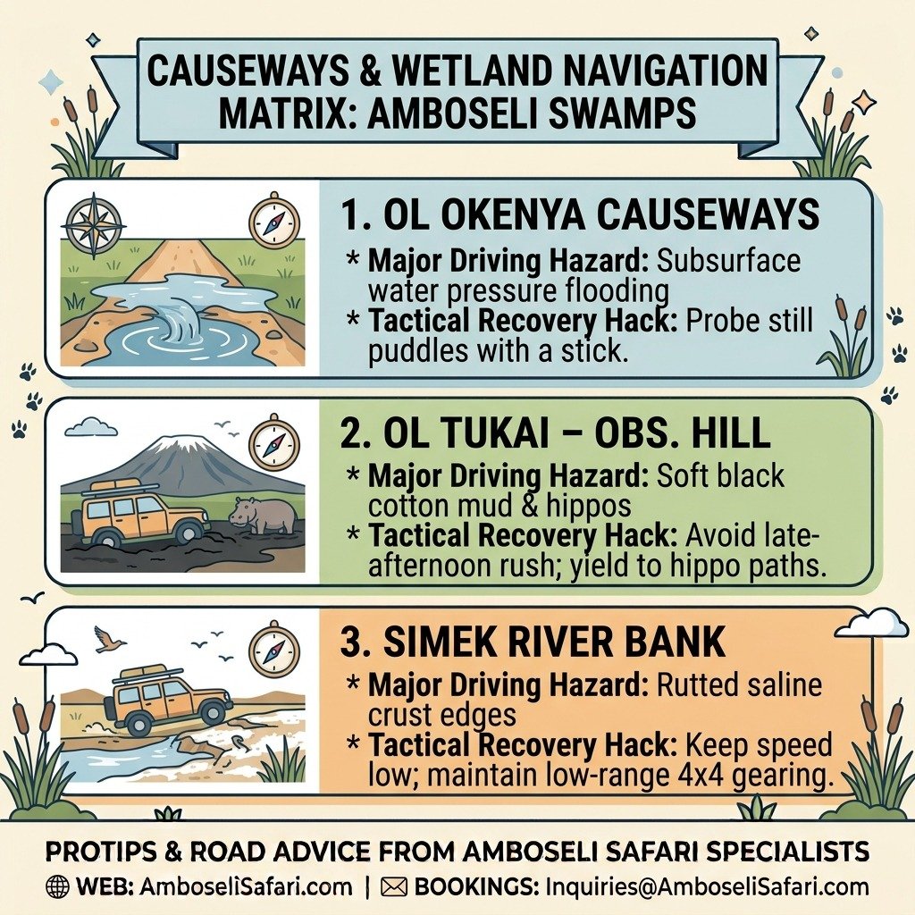Infographic matrix detailing driving hazards and tactical recovery hacks for navigating Amboseli's flooded causeways and marsh tracks.