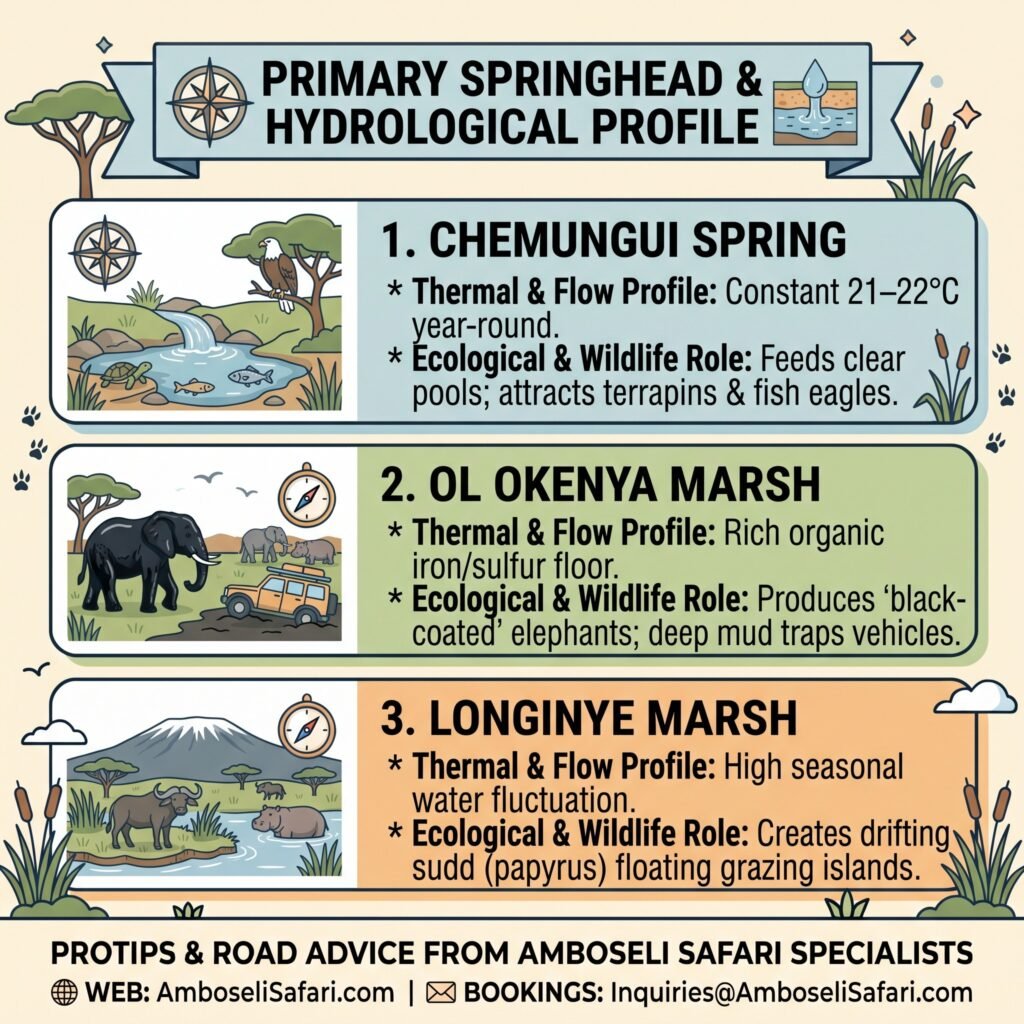 Infographic summarizing Chemungui Spring, Ol Okenya Marsh, and Longinye Marsh water profiles and ecological roles.