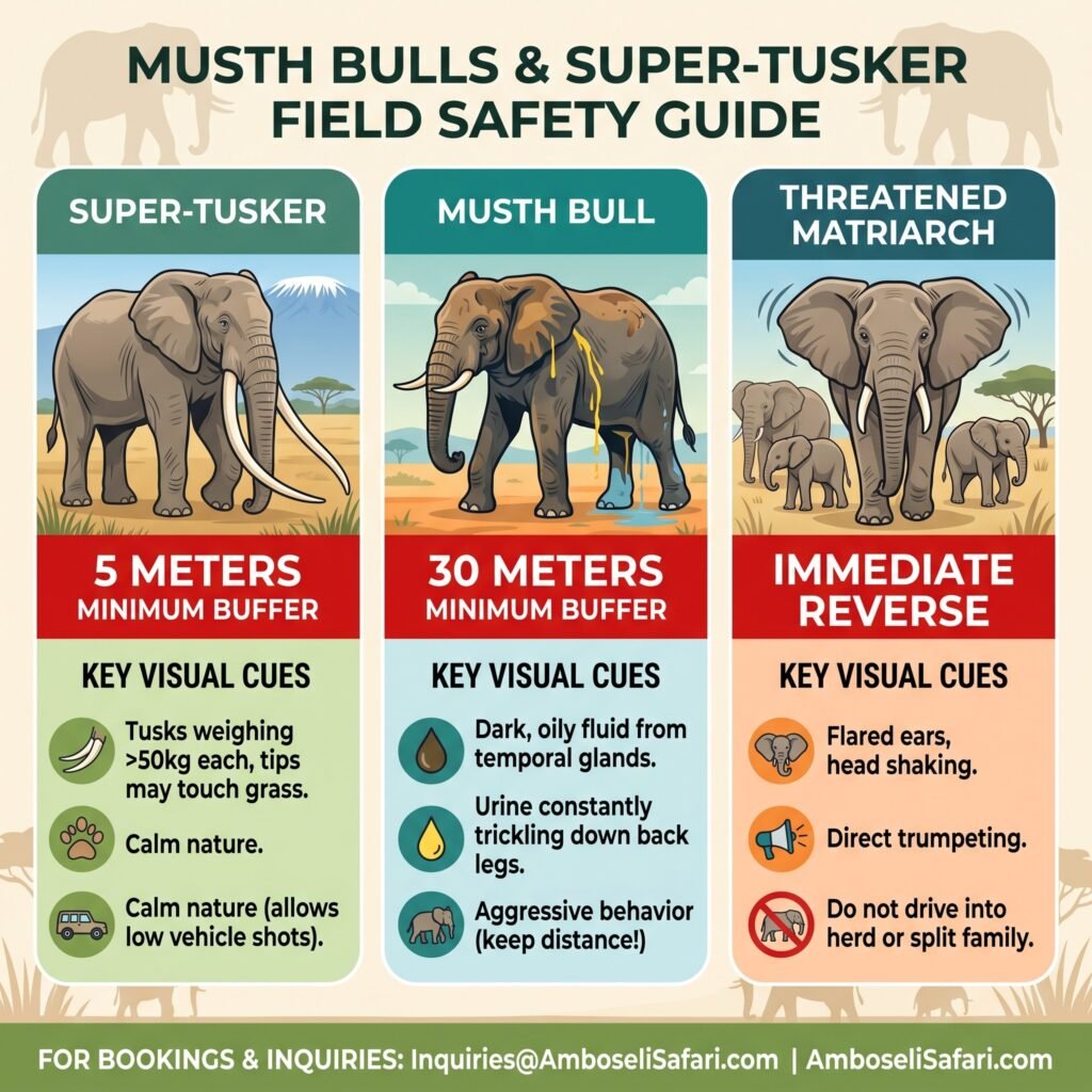 Safety guide infographic for Amboseli elephants, comparing Super-Tusker, Musth Bull, and Threatened Matriarch safety distances and visual cues.