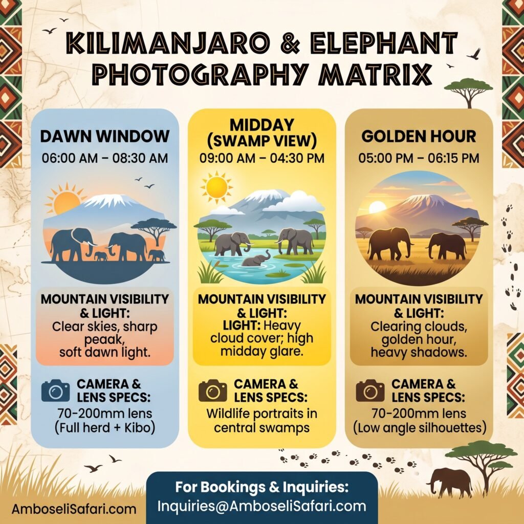 Square infographic photography guide for capturing Amboseli elephants against Mount Kilimanjaro across three daily time windows.