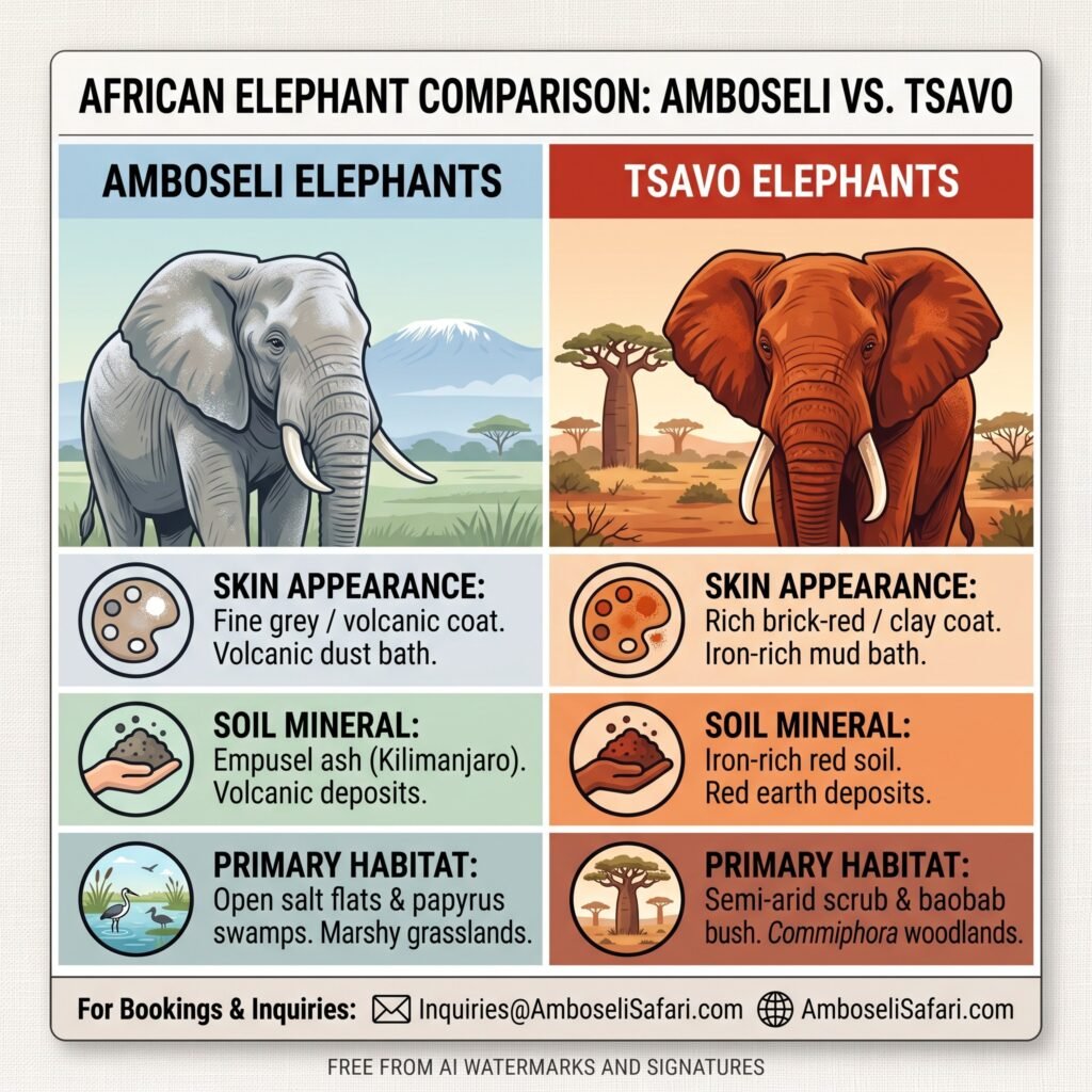 Infographic comparing visual features and habitats of Amboseli and Tsavo elephants in a clean, square format.
