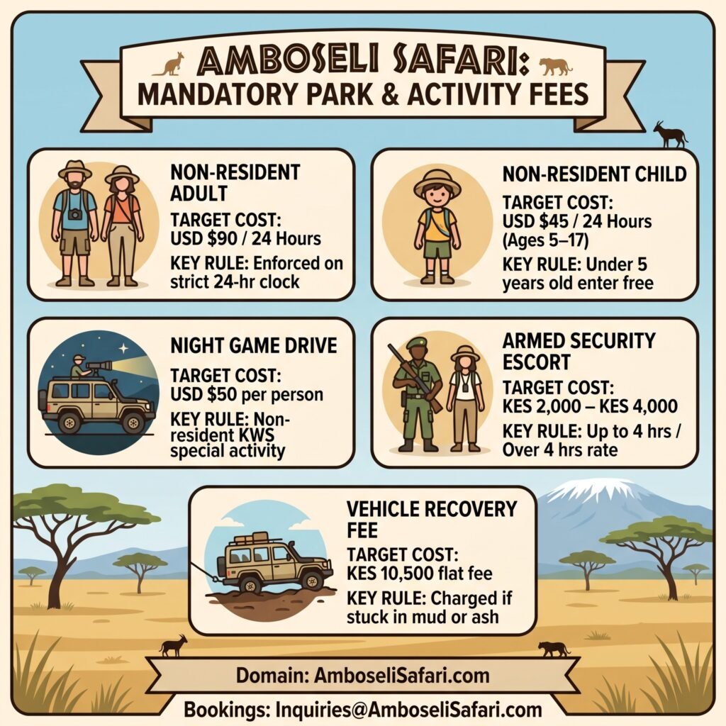 Square infographic summarizing non-resident adult, child, night drive, escort, and vehicle recovery fees for Amboseli.