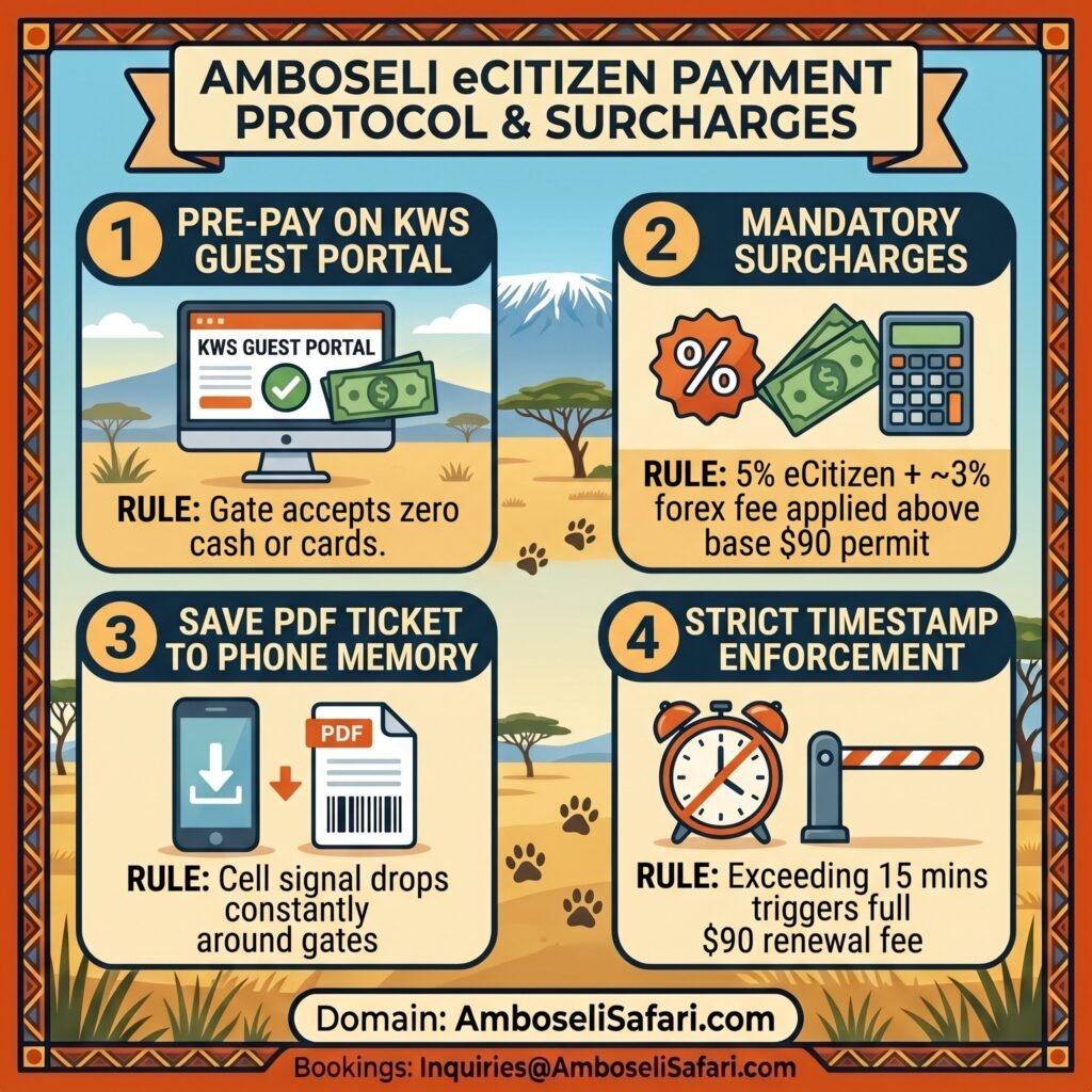 Square infographic explaining eCitizen payment steps, gate surcharges, ticket download requirements, and 24-hour timestamp enforcement for Amboseli.