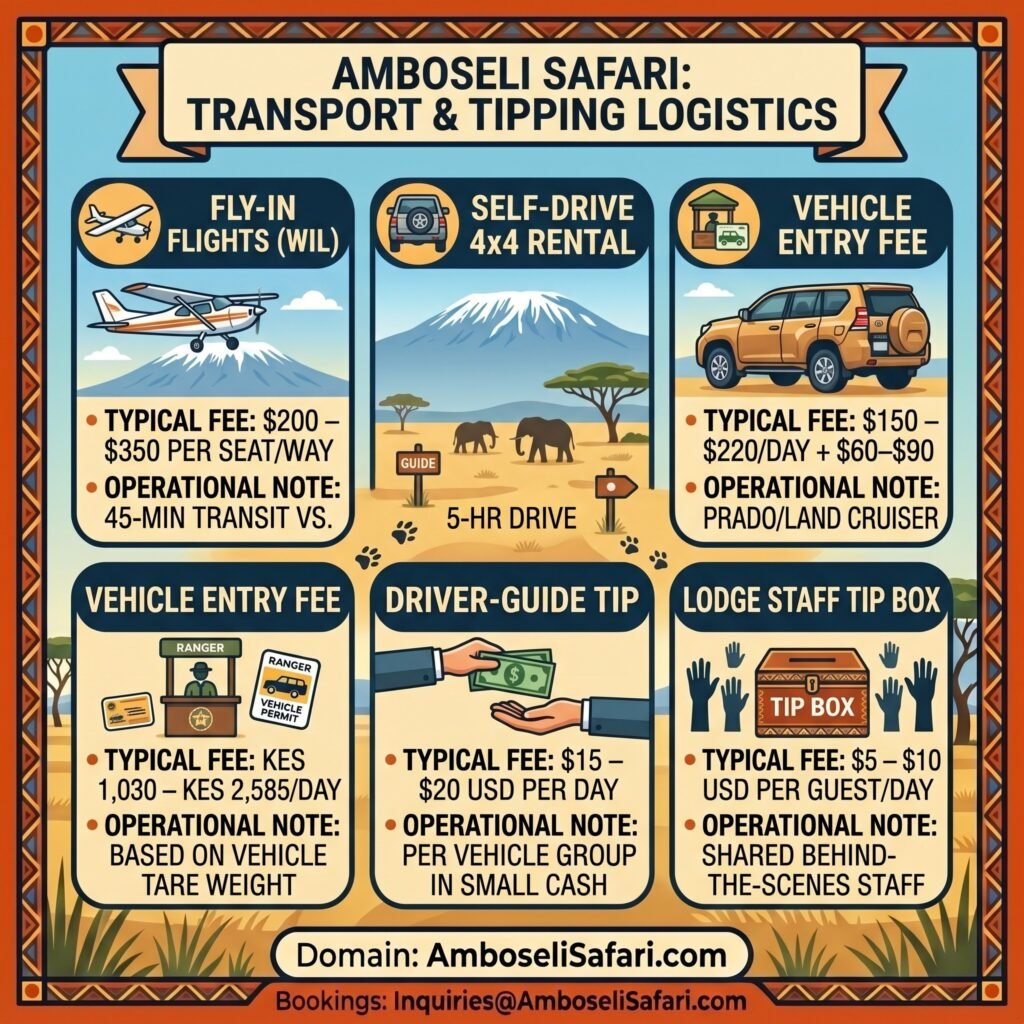 Square infographic comparing fly-in, self-drive rentals, vehicle entry fees, and customary tipping rates for an Amboseli safari.