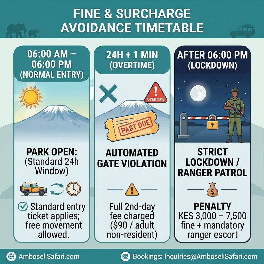 Infographic showing Amboseli gate opening hours, overtime fees, and late exit ranger penalties.