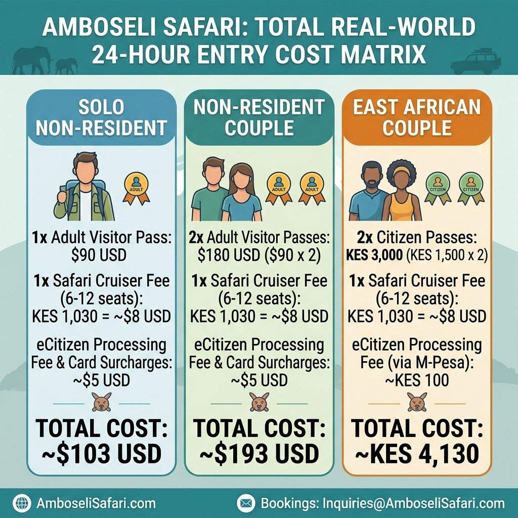 Infographic detailing total real-world out-of-pocket daily entry costs for non-residents and East African citizens in Amboseli.