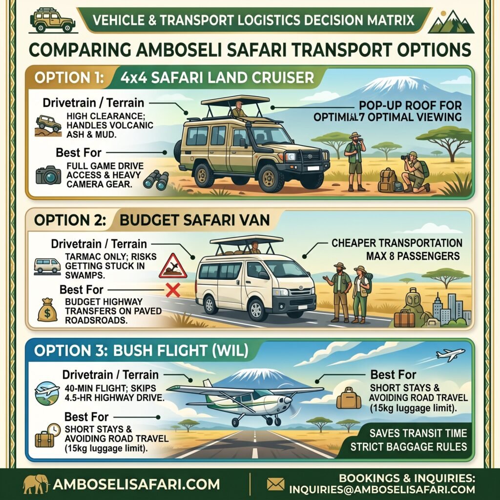 Infographic comparing 4x4 Land Cruisers, budget safari vans, and bush flights for Amboseli safari packages.