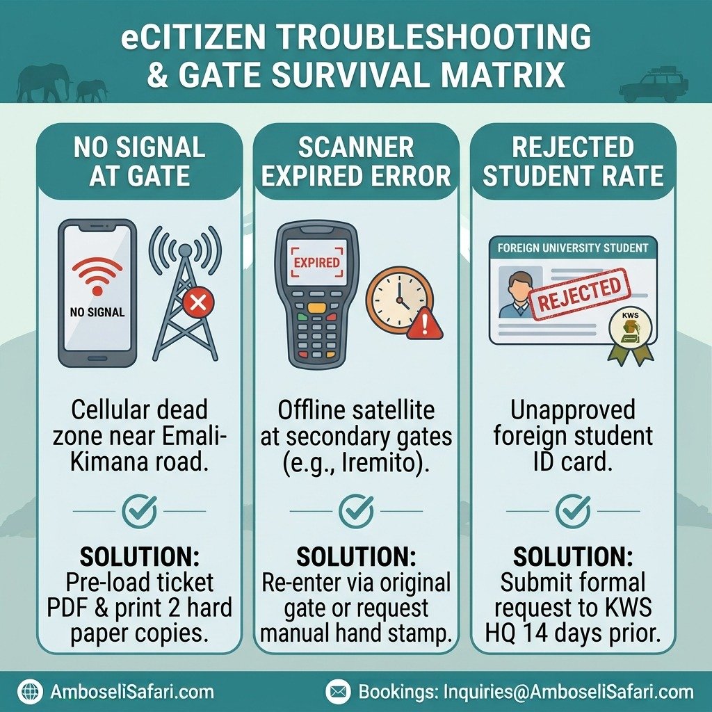 Infographic offering solutions to signal, scanner, and student rate issues at Amboseli National Park gates.