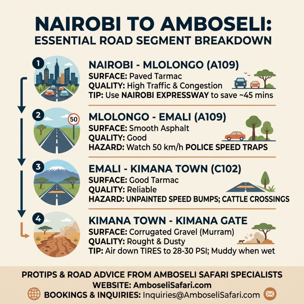 Infographic showing surface conditions and hazards for the four main driving segments between Nairobi and Amboseli.