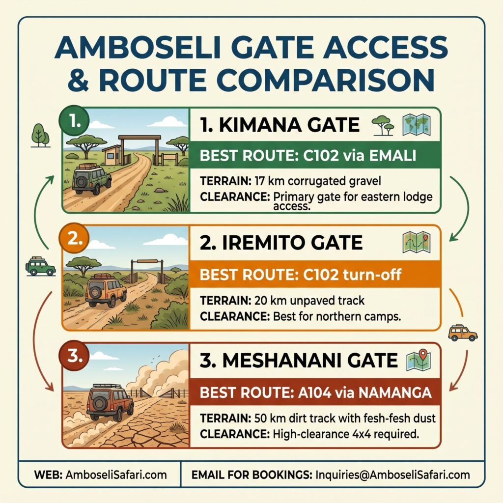 Infographic comparing Kimana, Iremito, and Meshanani gates for Amboseli National Park, listing routes, terrain, and clearance.