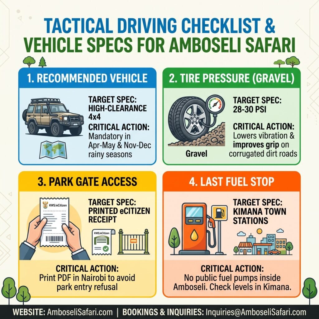Infographic checklist with 4 critical driving and vehicle specifications for an Amboseli National Park safari.