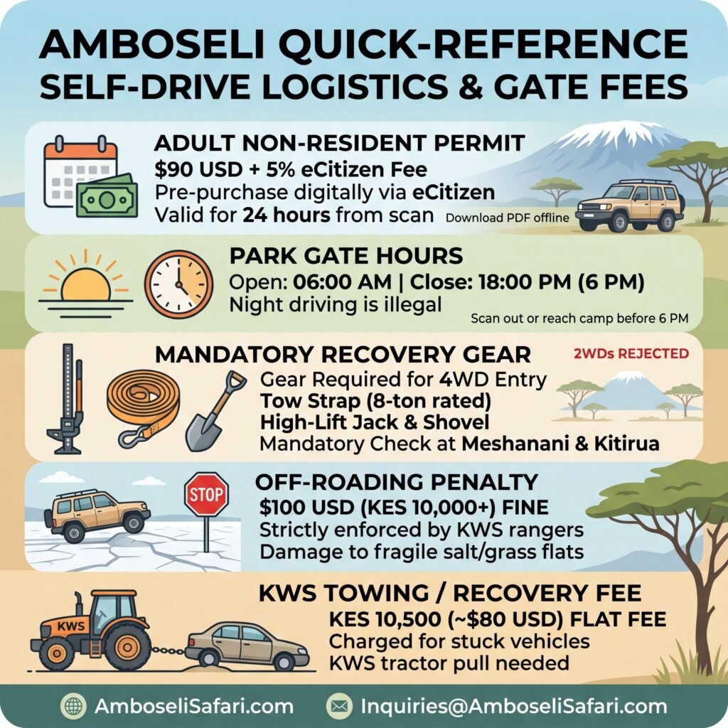 Infographic detailing Amboseli self-drive logistics, non-resident fees, gate hours, mandatory gear, off-roading penalties, and KWS towing costs.