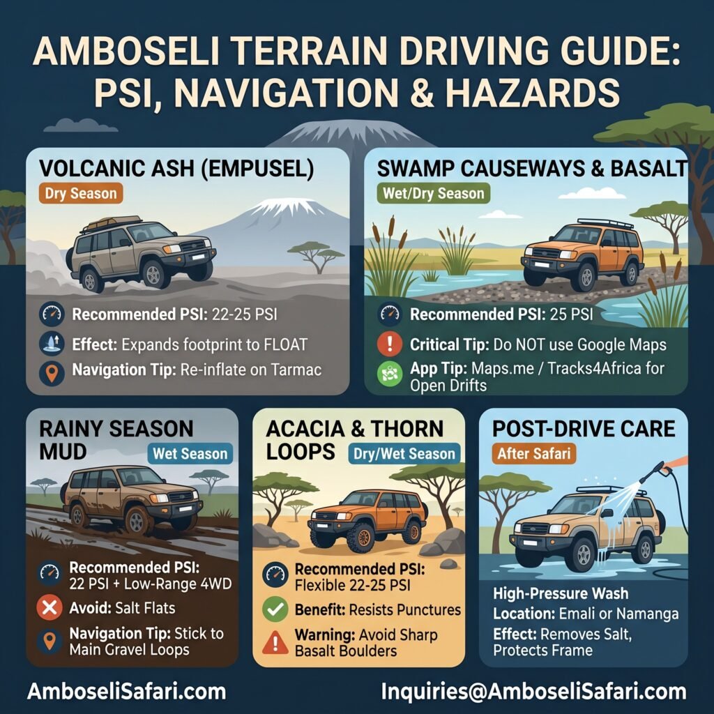 Infographic covering Amboseli tire pressure settings, offline navigation apps, mud hazards, and post-safari salt washdown steps.