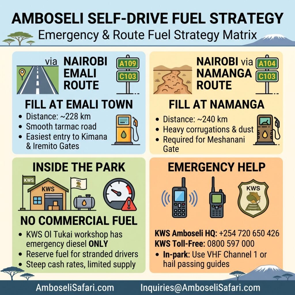 Infographic matrix detailing fuel stops for Nairobi-Amboseli routes, in-park emergency options, and KWS contacts.