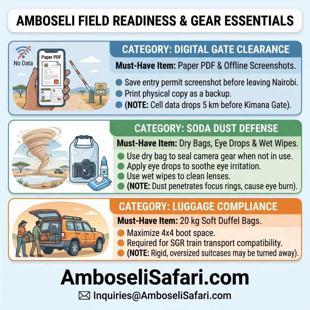 A square infographic outlining field readiness items, offline KWS permits, soda dust gear, and duffel bag requirements.