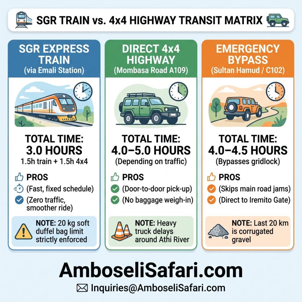 A square infographic comparing transit options for Amboseli, including SGR train, direct highway, and bypass routes with times.