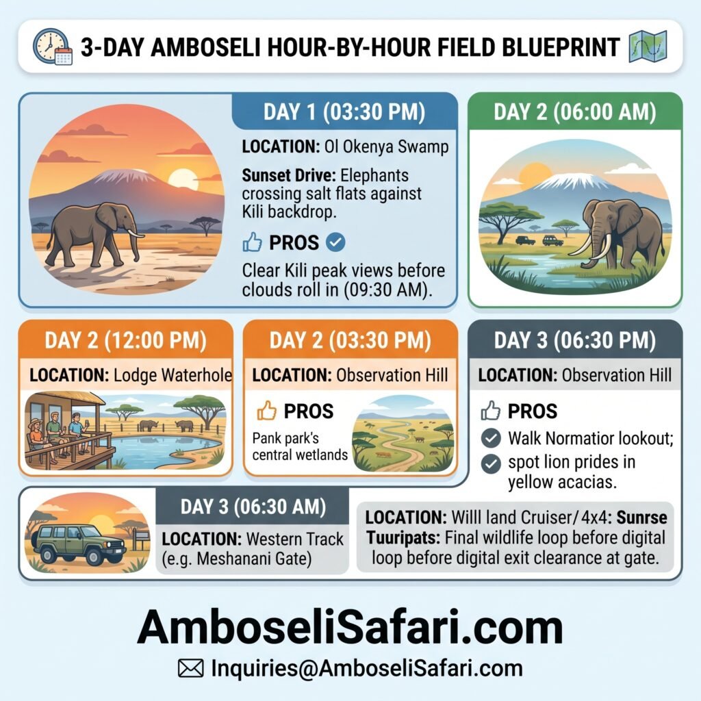 A square infographic detailing an hour-by-hour field blueprint for a 3-Day Amboseli Safari.