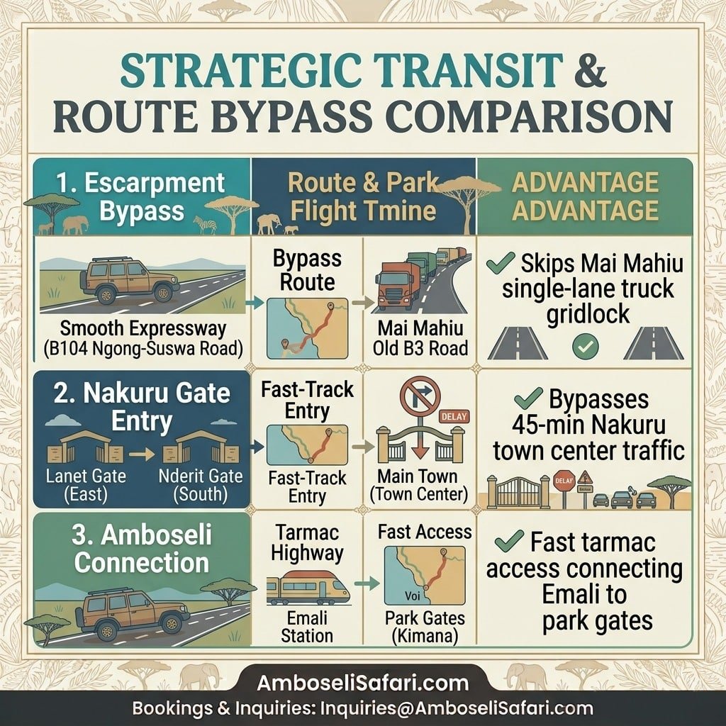 Infographic comparing strategic bypass routes, specific gate entries, and highways for an efficient Amboseli-Nakuru safari circuit.